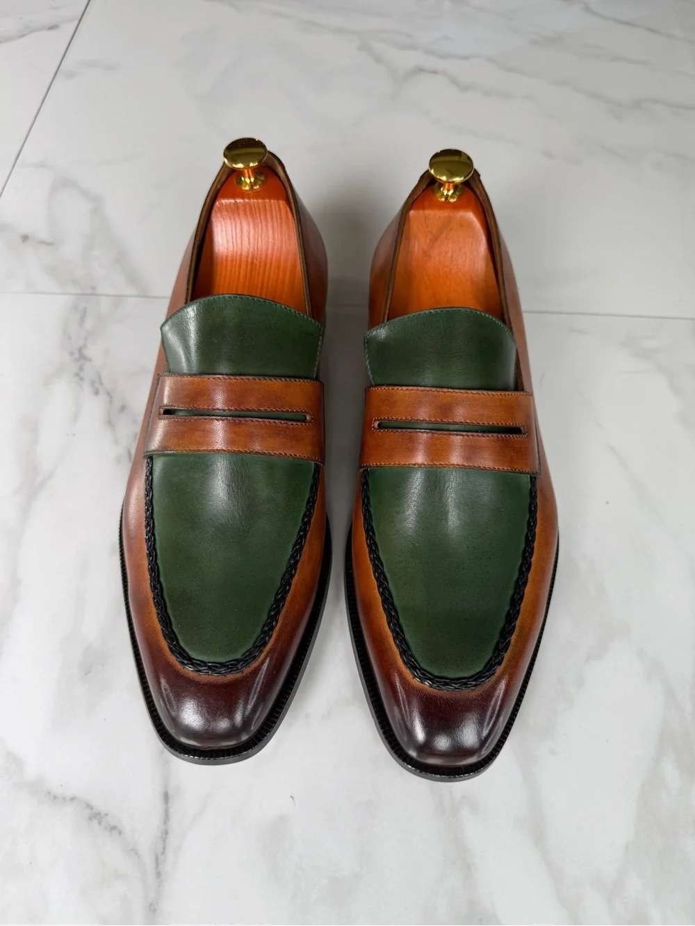 Men's Green and Brown Leather Penny Loafers